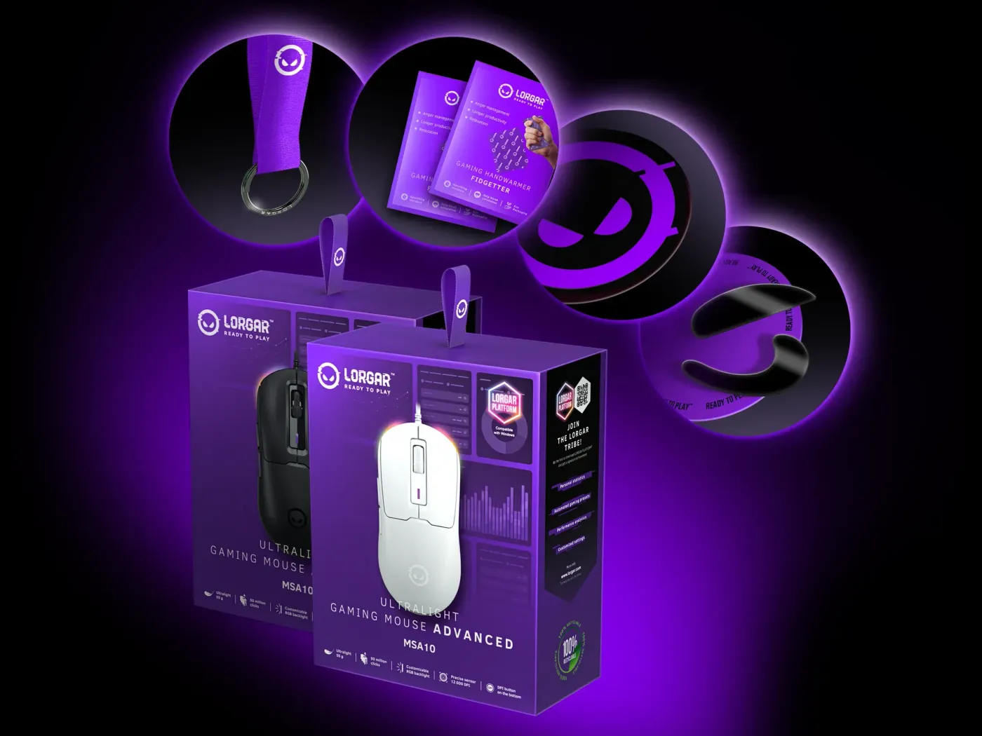 Box contents including spare mouse feet and branded accessories