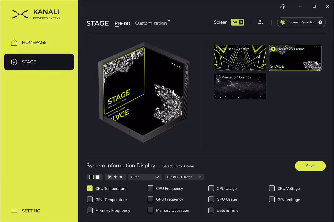 KANALI Software Hub interface for easy system customization