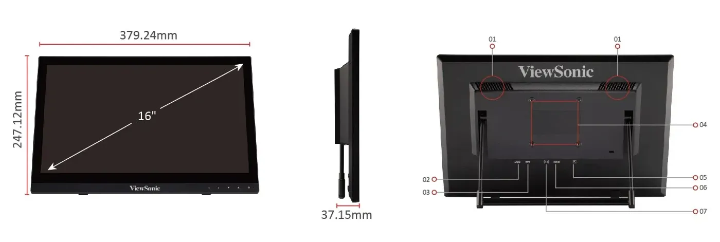 VESA 75x75mm mount layout with labelled connectivity ports including HDMI and VGA