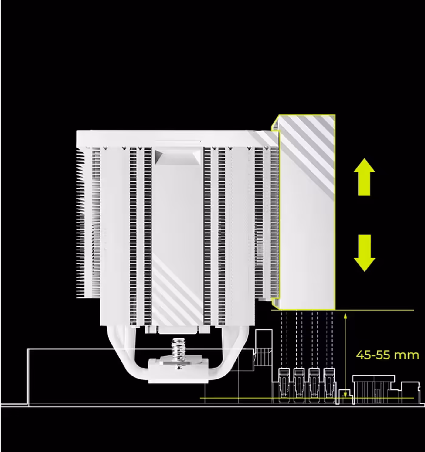Technical diagram showing RAM clearance and heat pipe positioning for extensive system compatibility