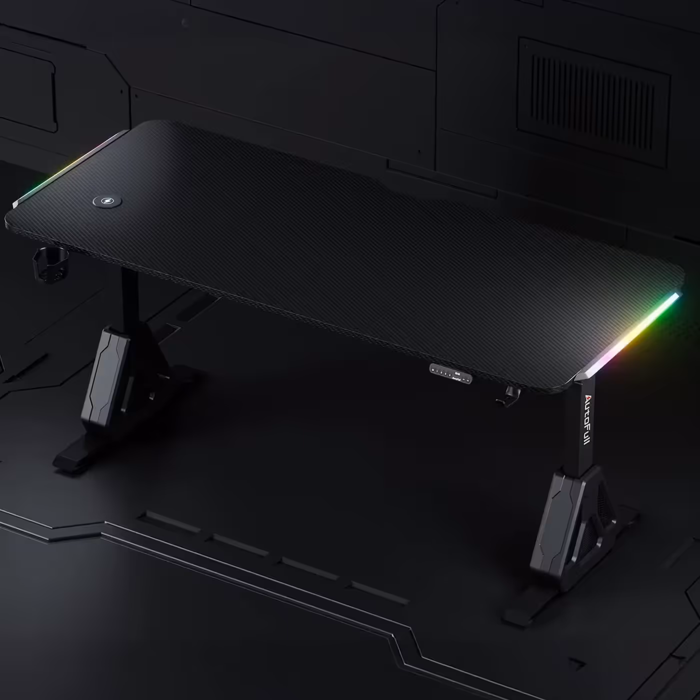 Gaming desk with vibrant double-wide RGB lighting in a dark room