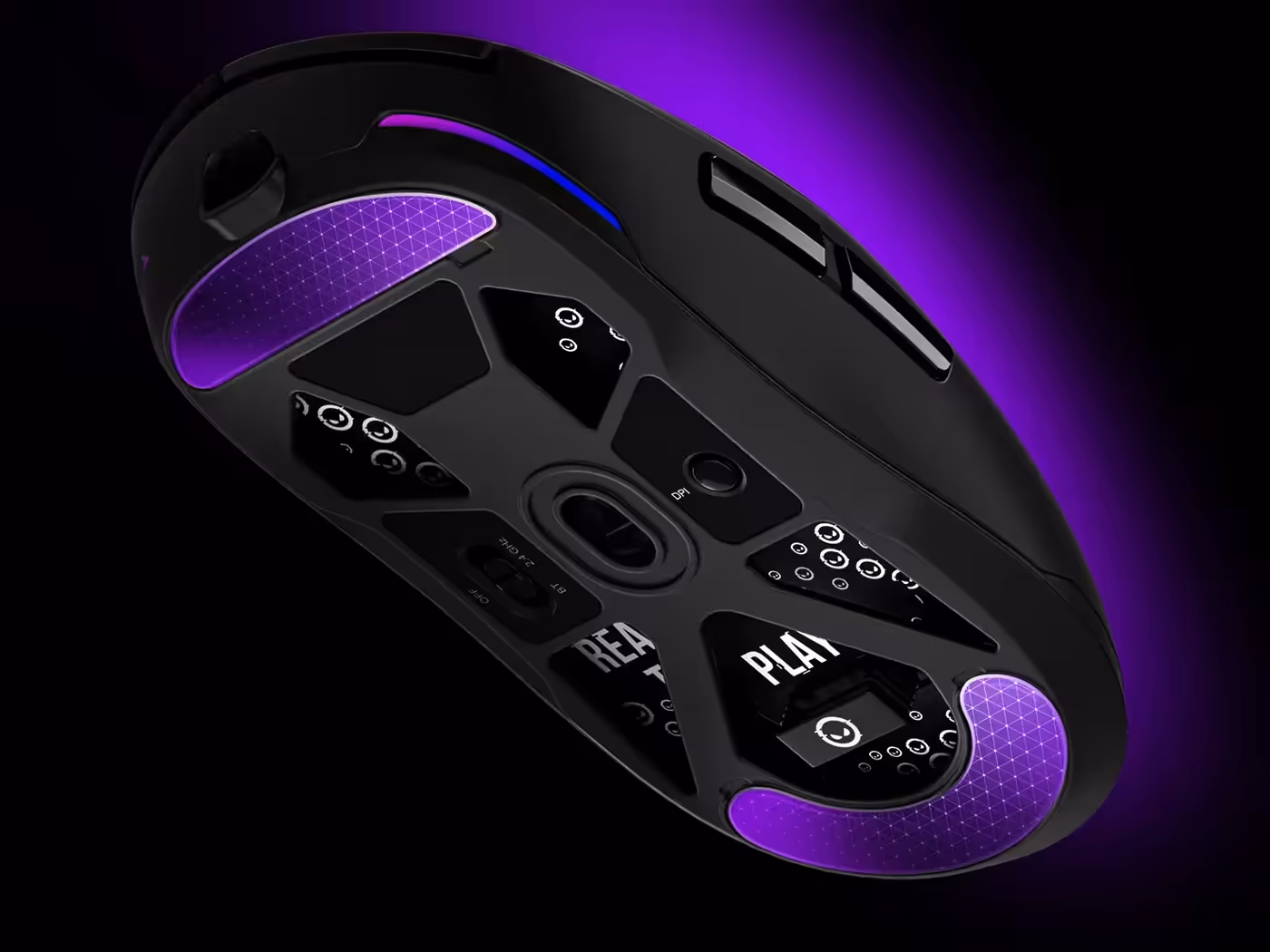Underside of mouse showing 100% PTFE gliders