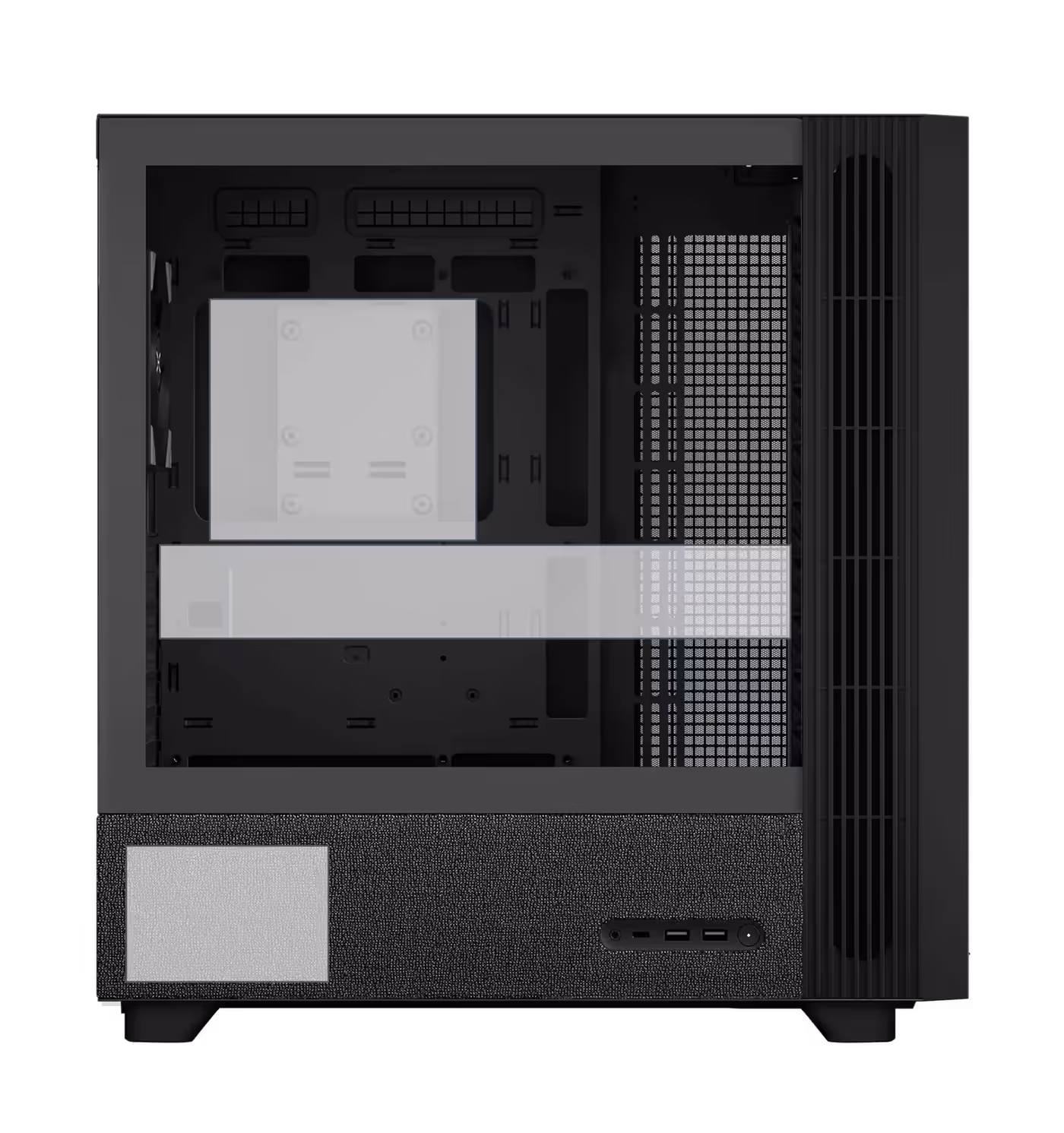 Internal layout of the 58L chassis showing large GPU and motherboard compatibility