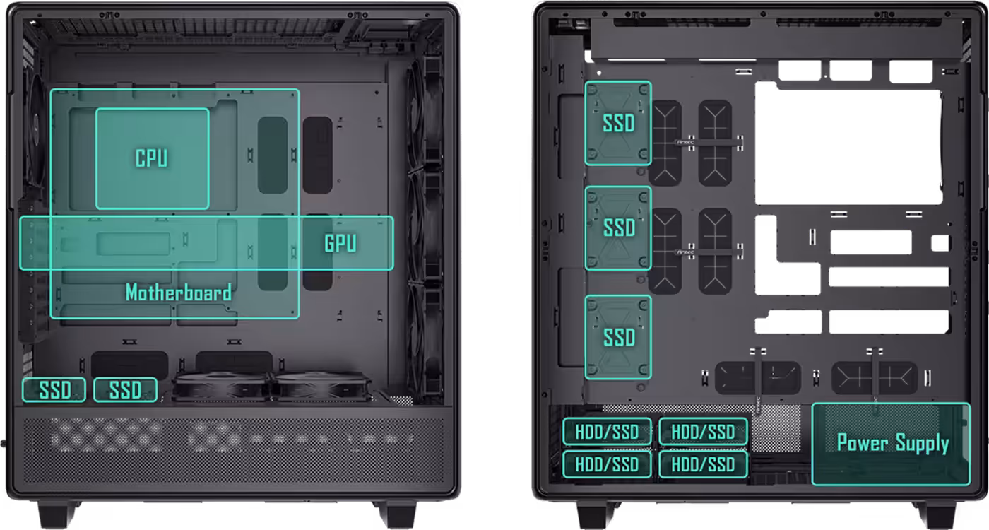 Spacious interior layout showcasing component clearance and hardware compatibility