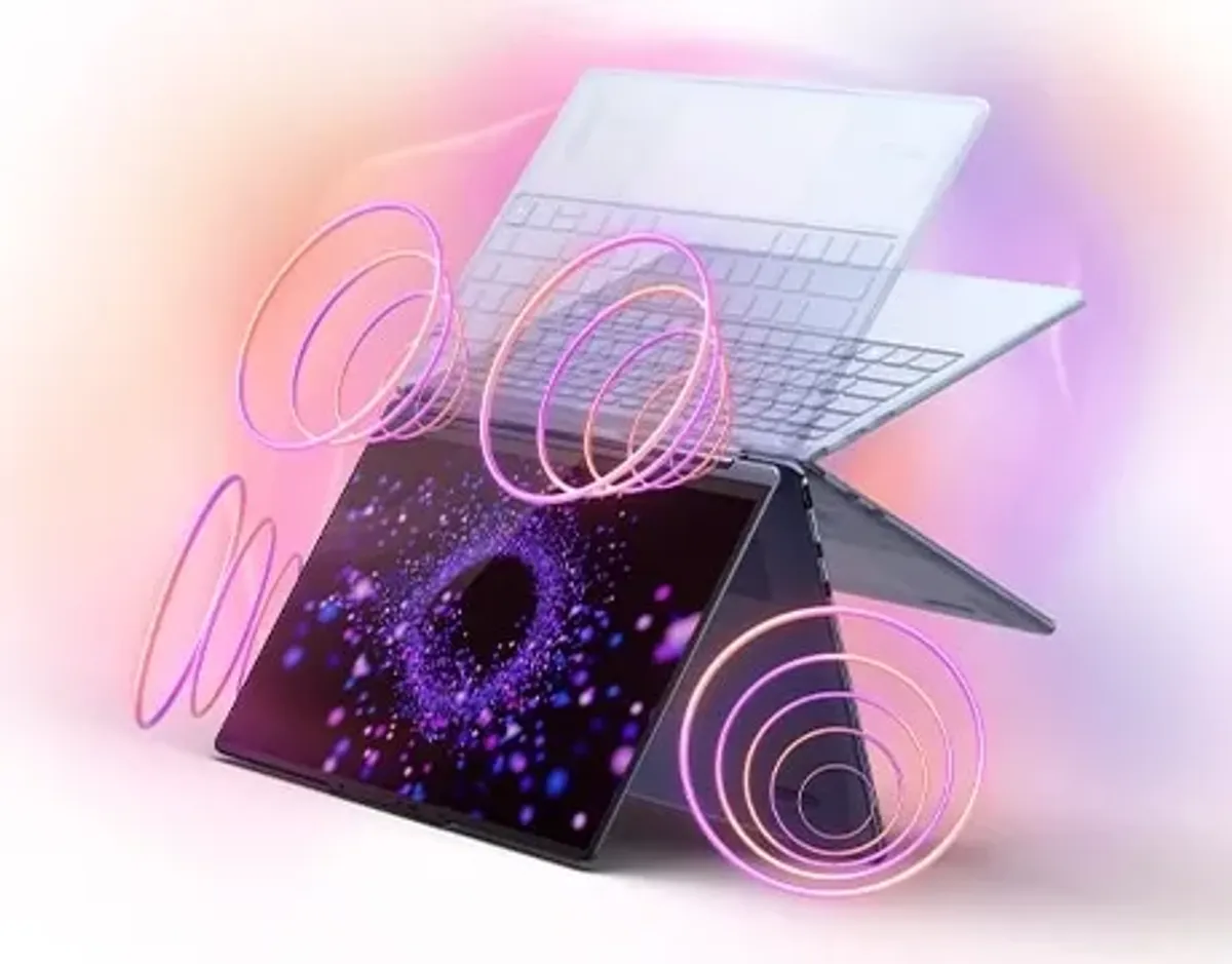 Circular sound lines emerge from the speakers on the Yoga 9i 2-in-1 Gen 10 Aura Edition (14 Intel).
