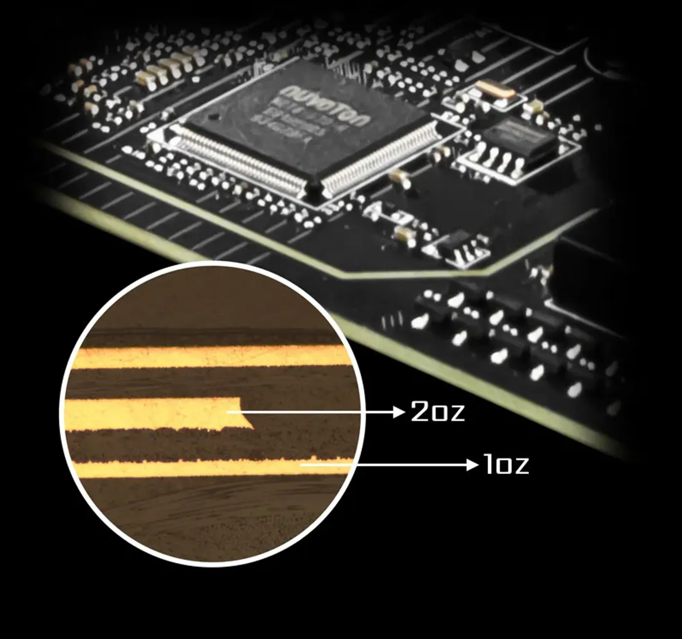 Detailed view of the MSI motherboard PCB with thickened copper layers
