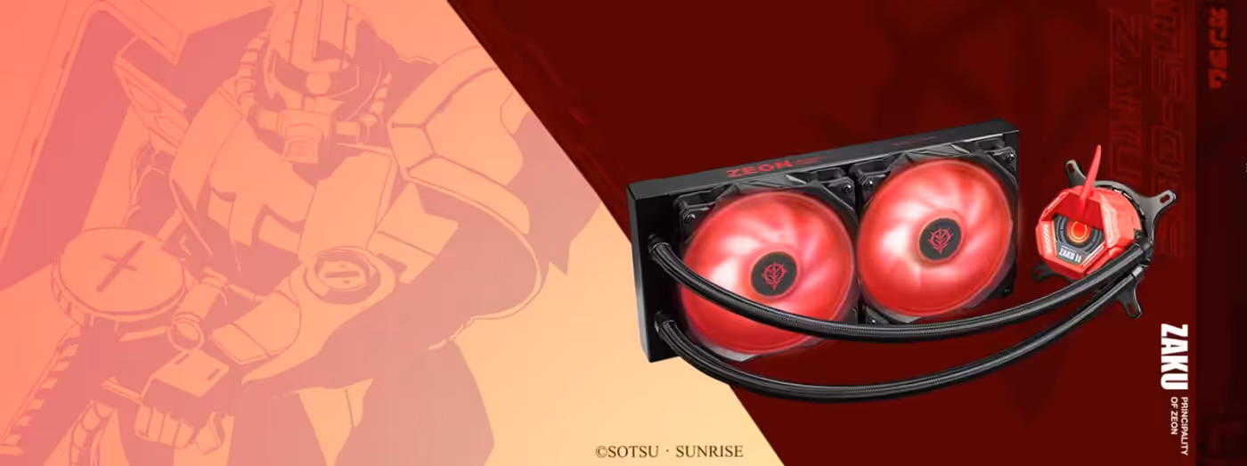 ASUS TUF Gaming LC 240 RGB Zaku II cooler in its black and red livery