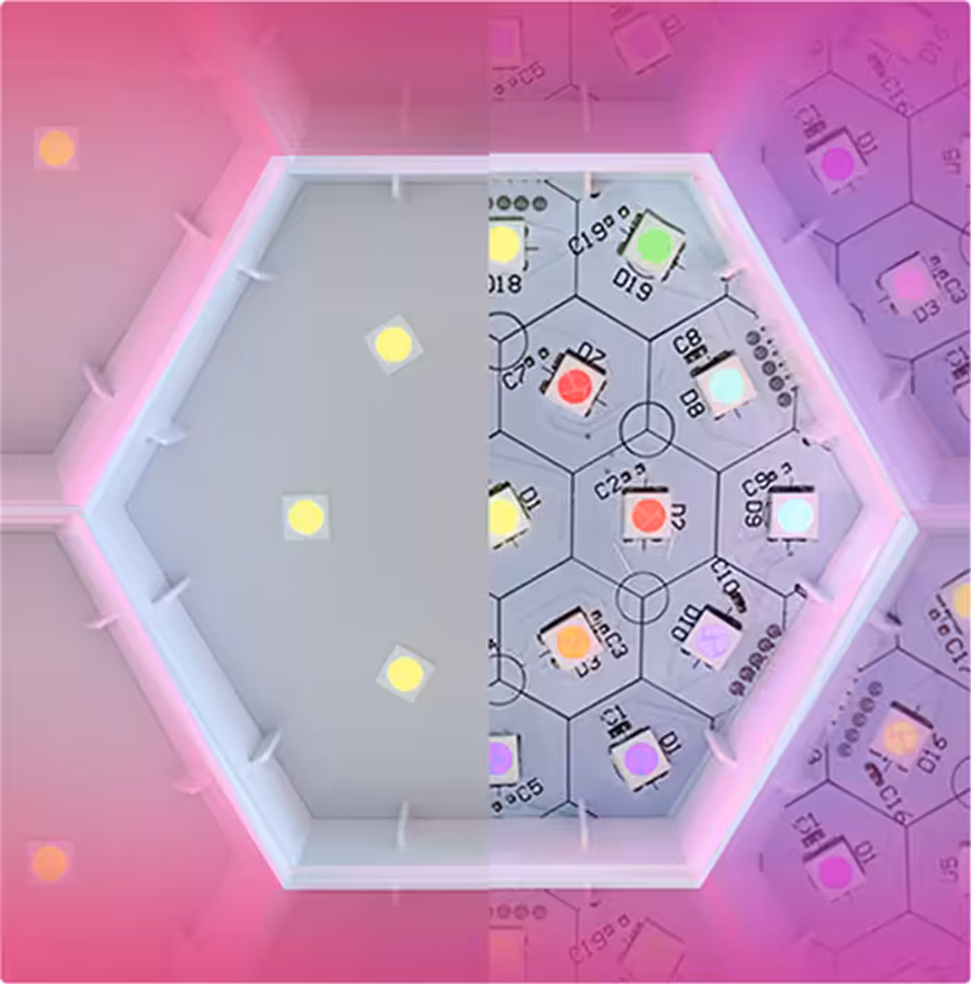 Cololight hexagonal RGB module showing its individually controlled light beads