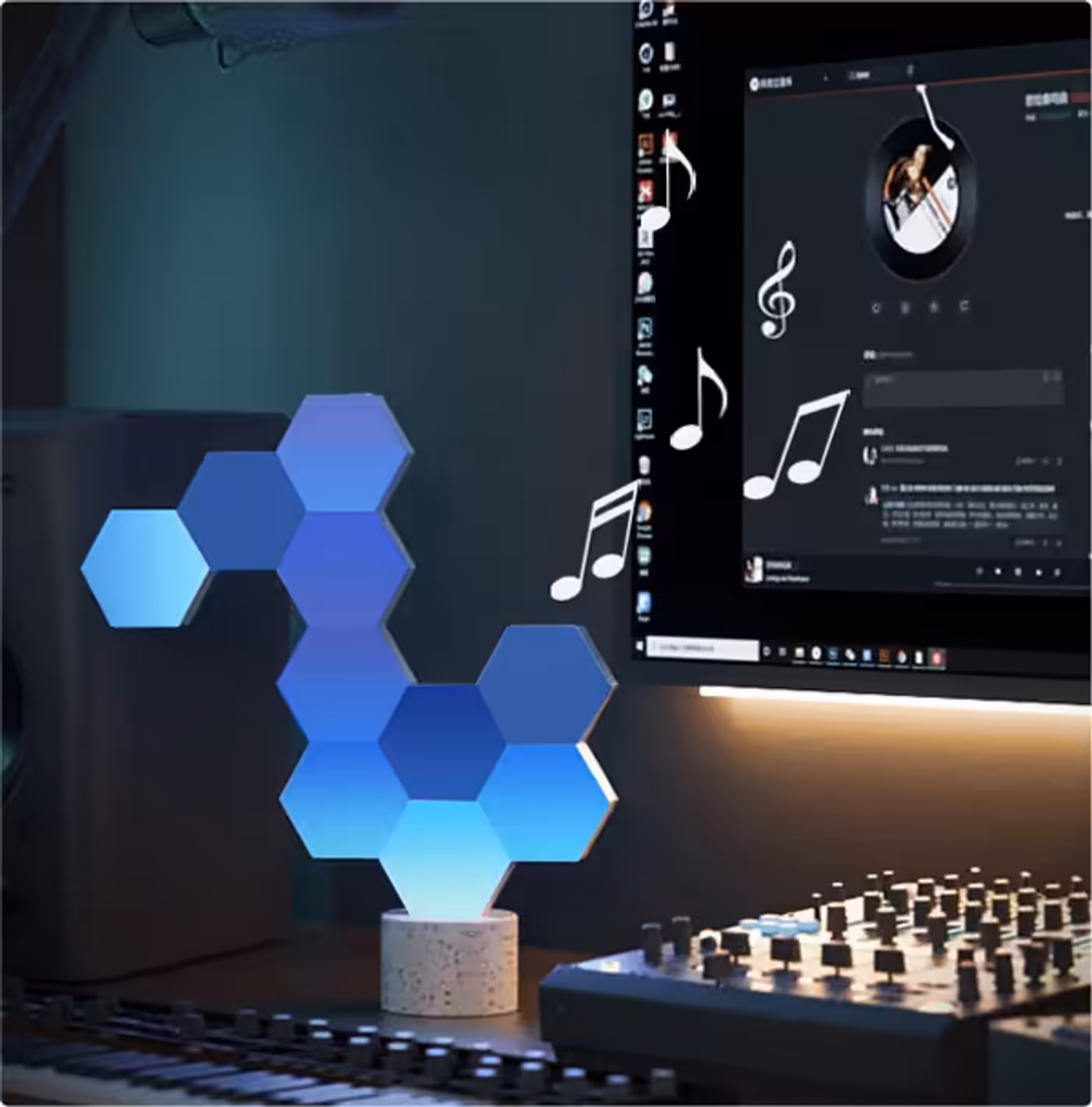 Cololight Rhythm KIT panels reacting to music beside a desk setup