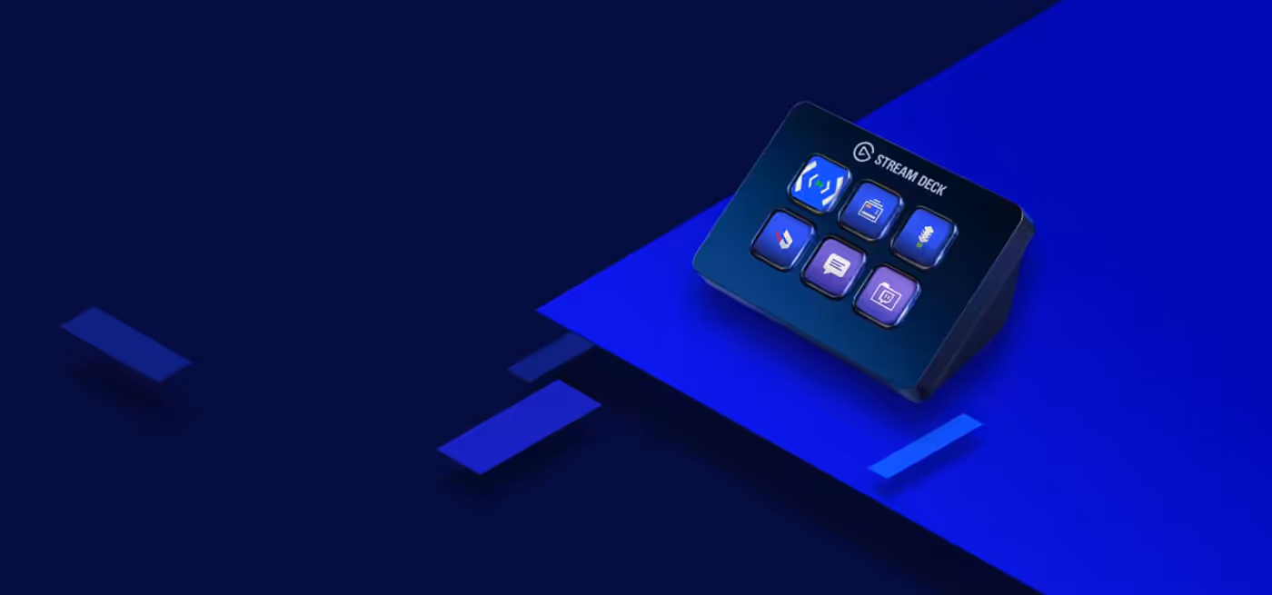 Corsair Elgato Stream Deck Mini shown on a desk with its six LCD keys lit