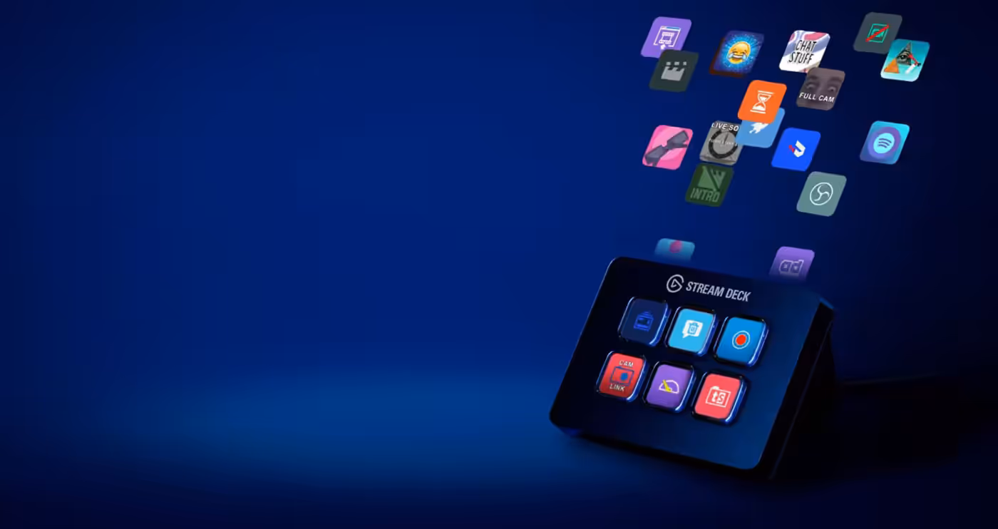 Stream Deck Mini keys configured with streaming platform and software icons