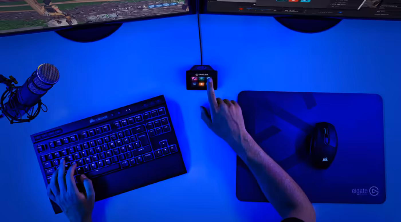 Stream Deck Mini being pressed to trigger a hotkey action