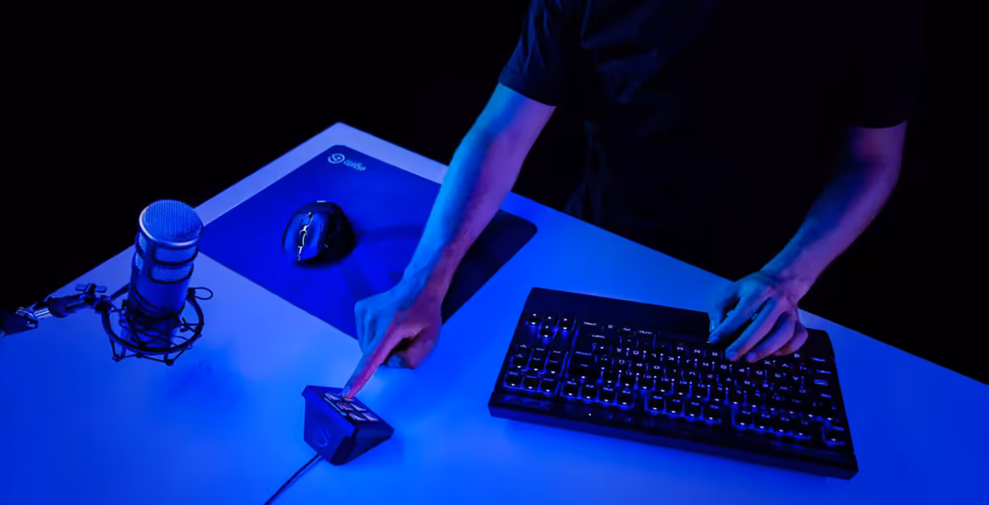 Elgato Stream Deck Mini with its integrated USB cable visible
