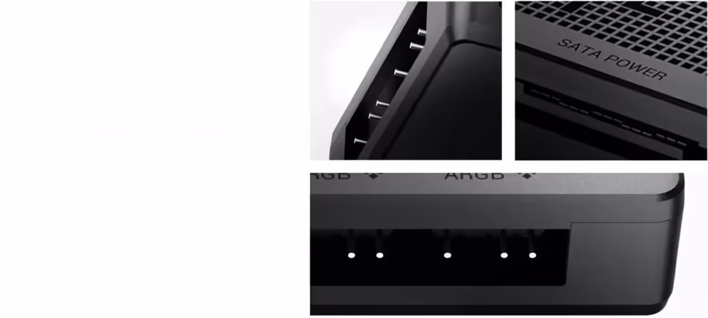 Close view of the SC700 3-pin ARGB input and SATA power connector