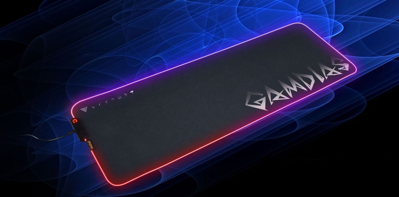 Gamdias NYX P3 extra-large gaming mouse mat shown across a full desk setup