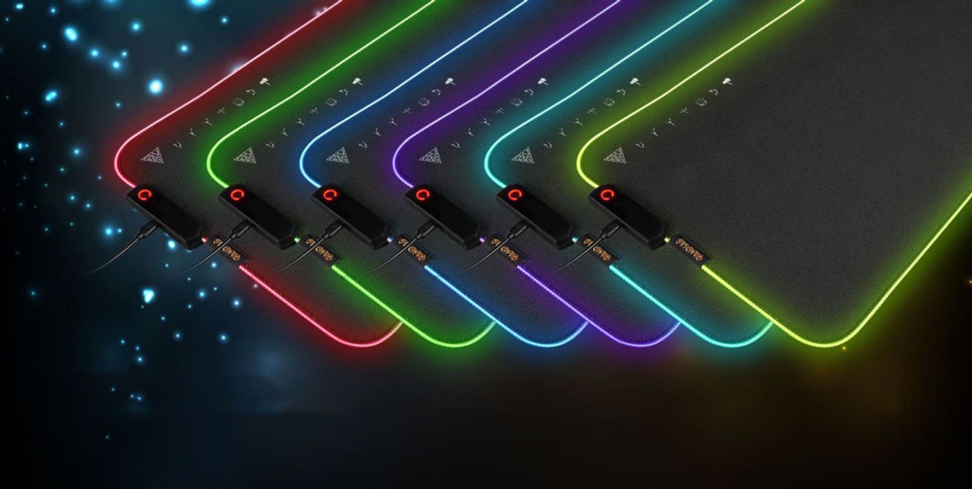Gamdias NYX P3 mouse mat showing its addressable multicoloured LED lighting effects