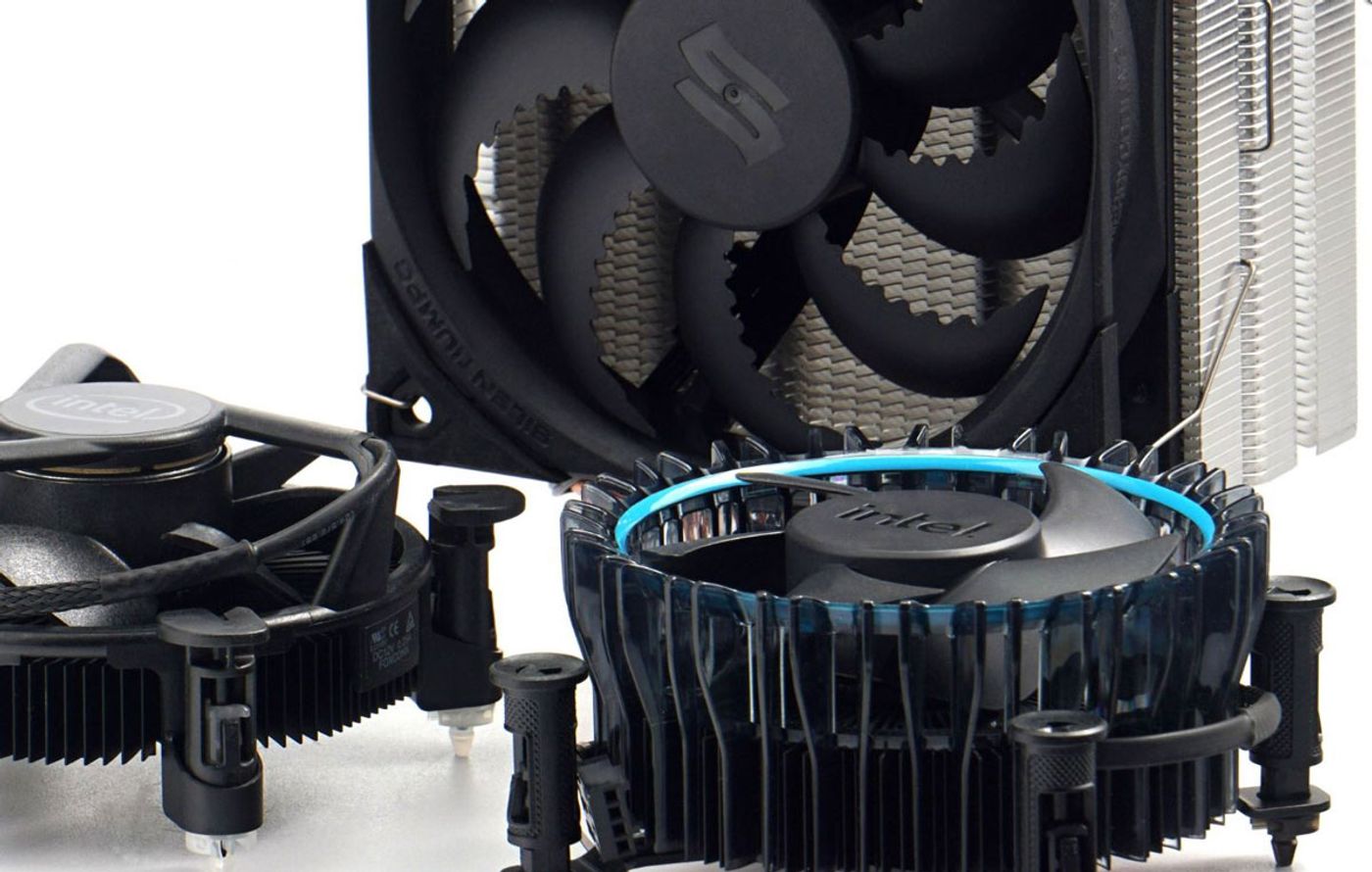 Intel Laminar RM1 CPU cooler shown from above with its fan and heatsink