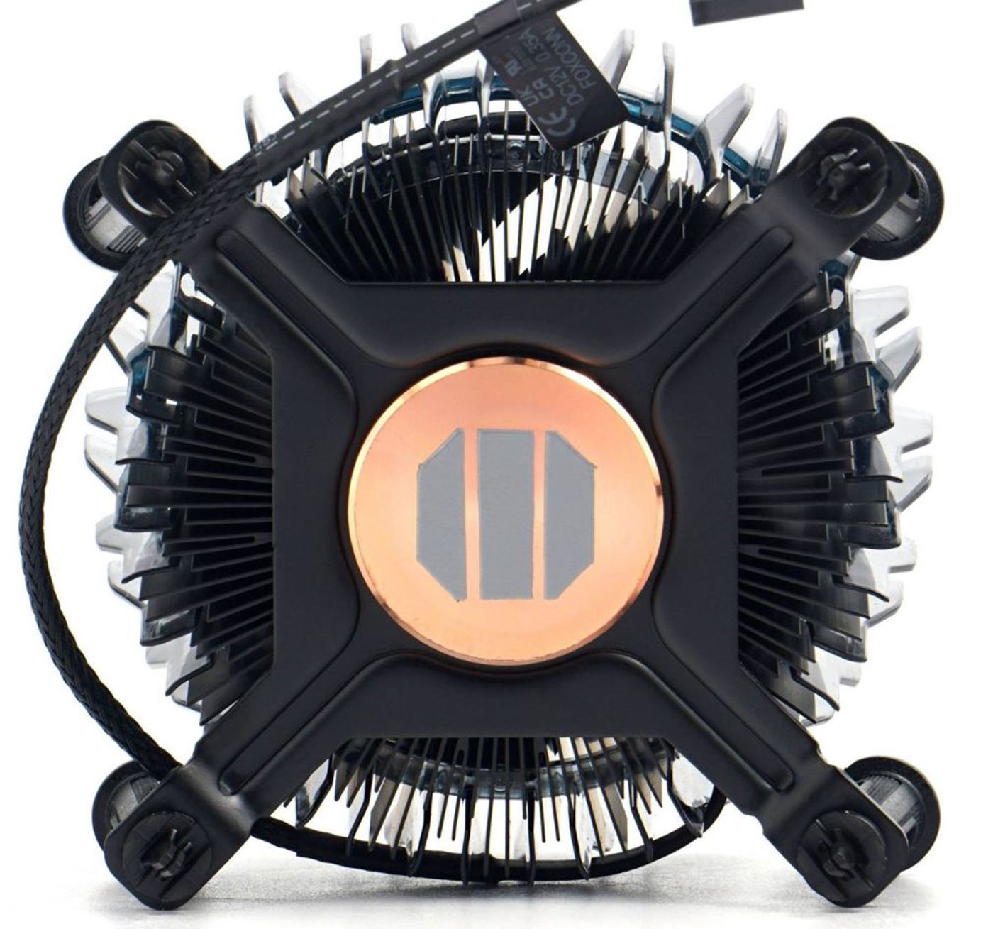 Top view of the Intel Laminar RM1 cooler fan and fin stack