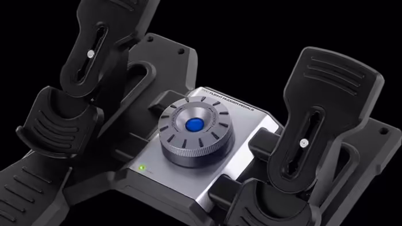 Side view of the rudder pedals showing the adjustable footrests and toe brakes
