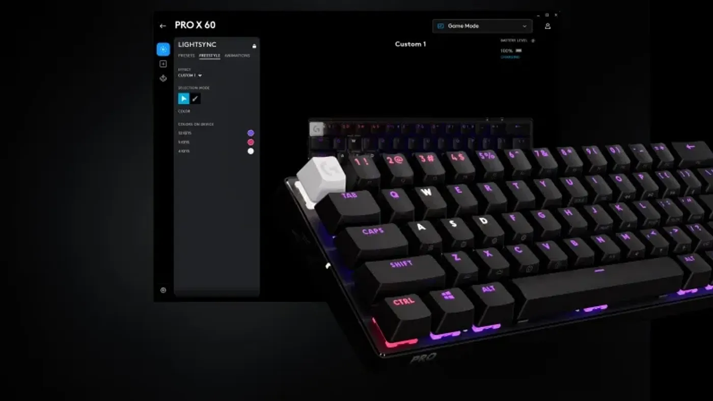 Customizable LIGHTSYNC RGB lighting effects on a gaming keyboard
