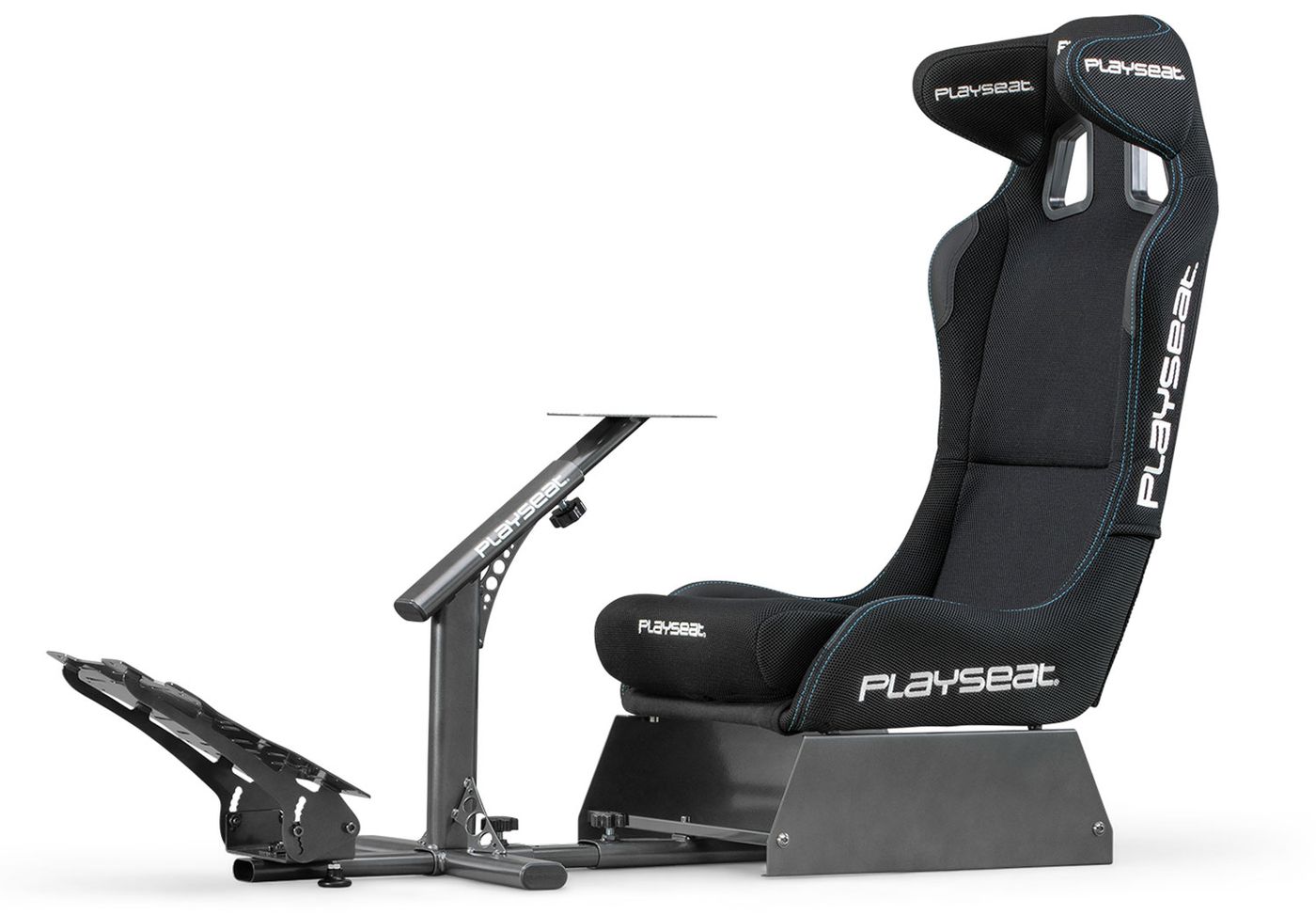 Playseat Evolution Pro in black with its adjustable pedal and steering wheel plates