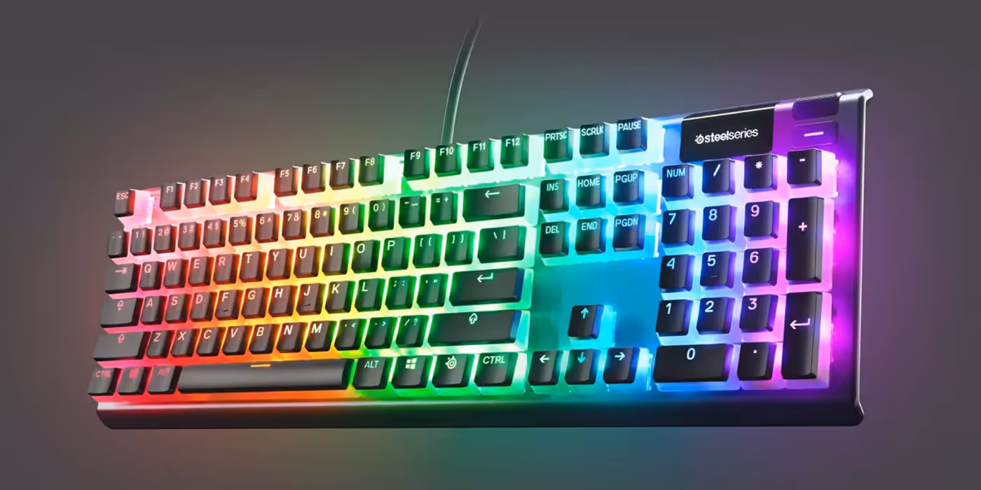 SteelSeries Prismcaps white keycaps lit with pudding-style RGB through their translucent sides