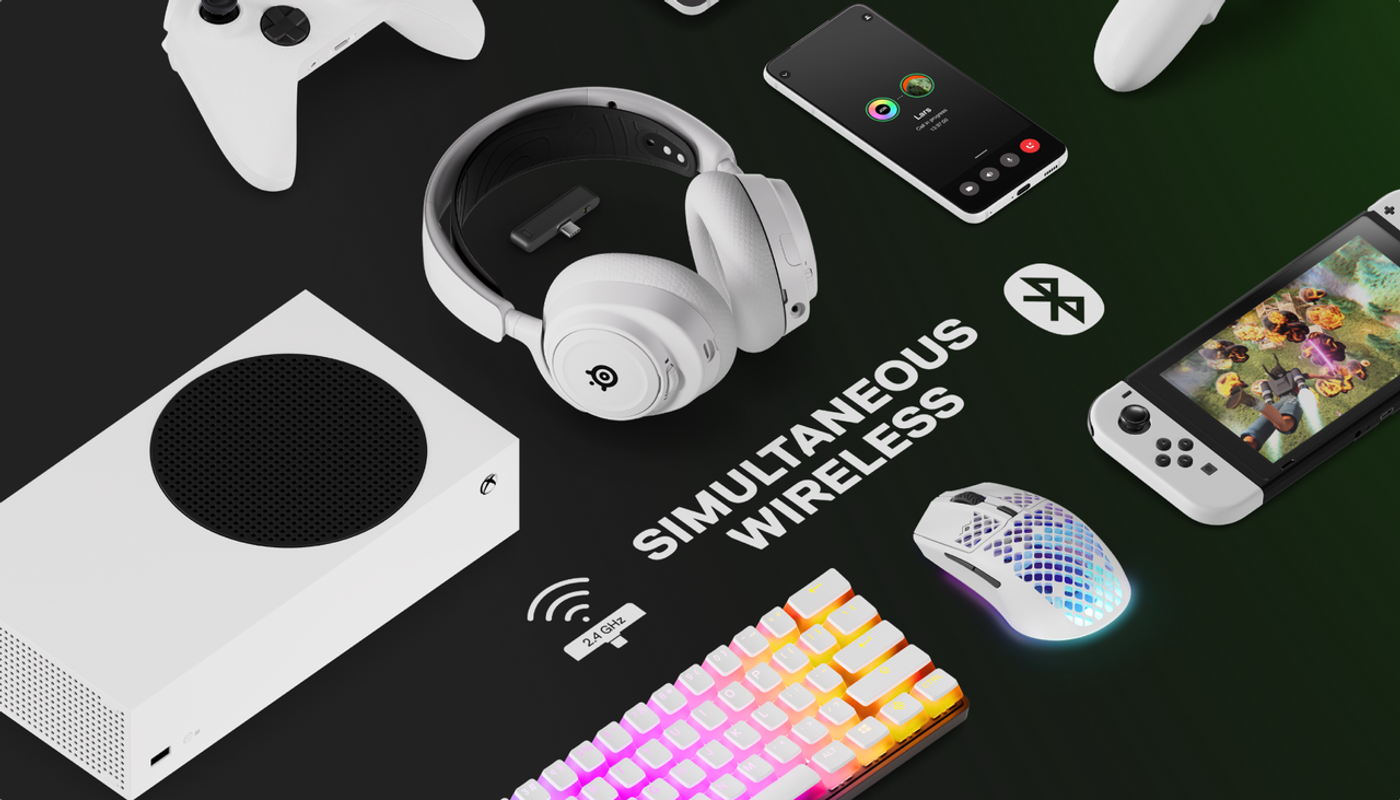 The Nova 7X headset connected to its USB-C charging cable