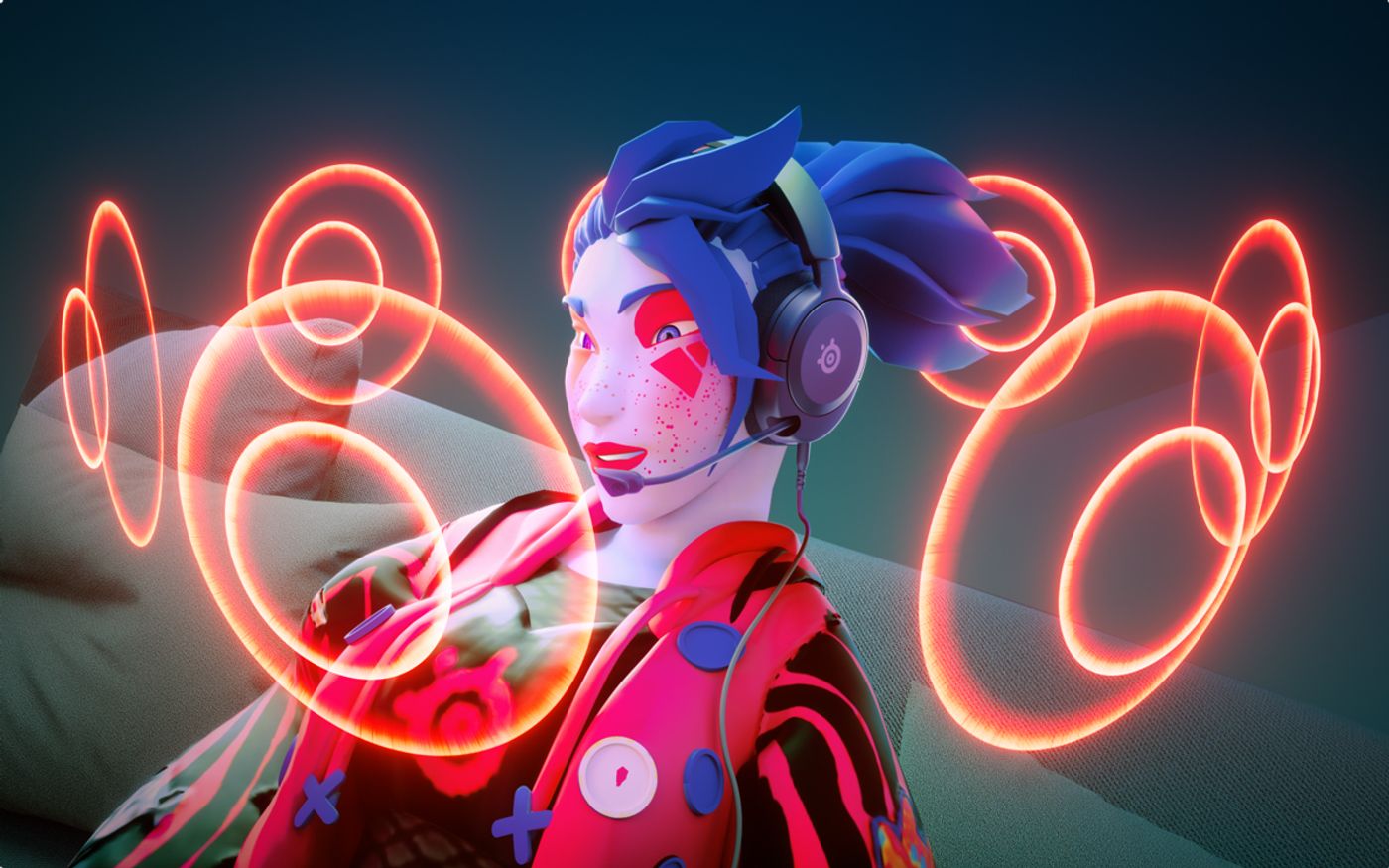 Spatial audio field illustrated around a player wearing the Arctis Nova 1P