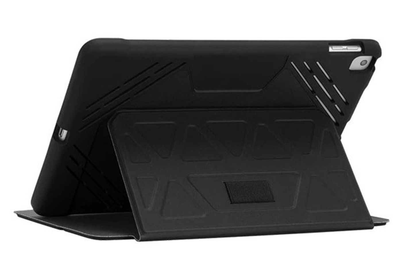 Targus Pro-Tek case open showing the textured non-slip interior propping an iPad