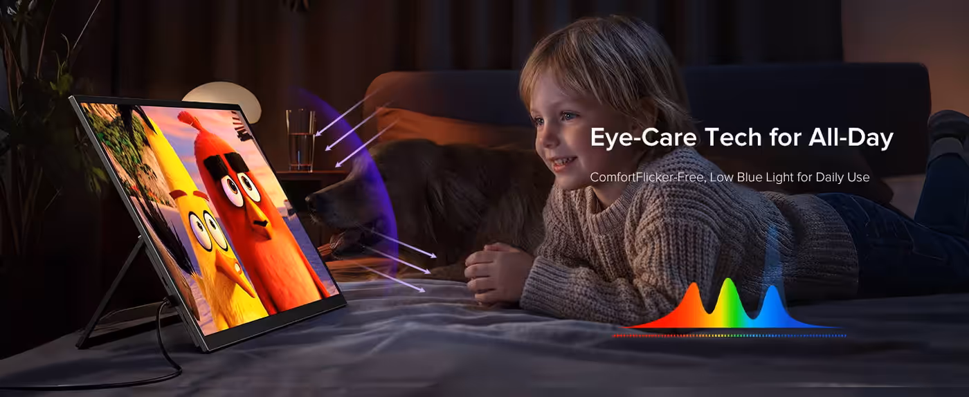 Eye-care monitor showing hardware-level low blue light and flicker-free technology
