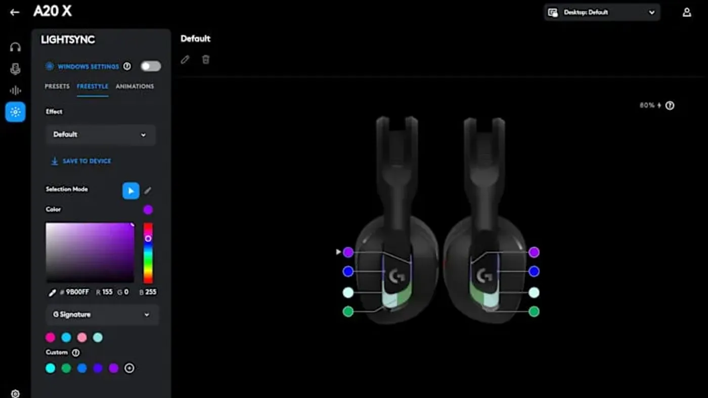 G HUB and mobile app interface for Astro A20 X headset customization