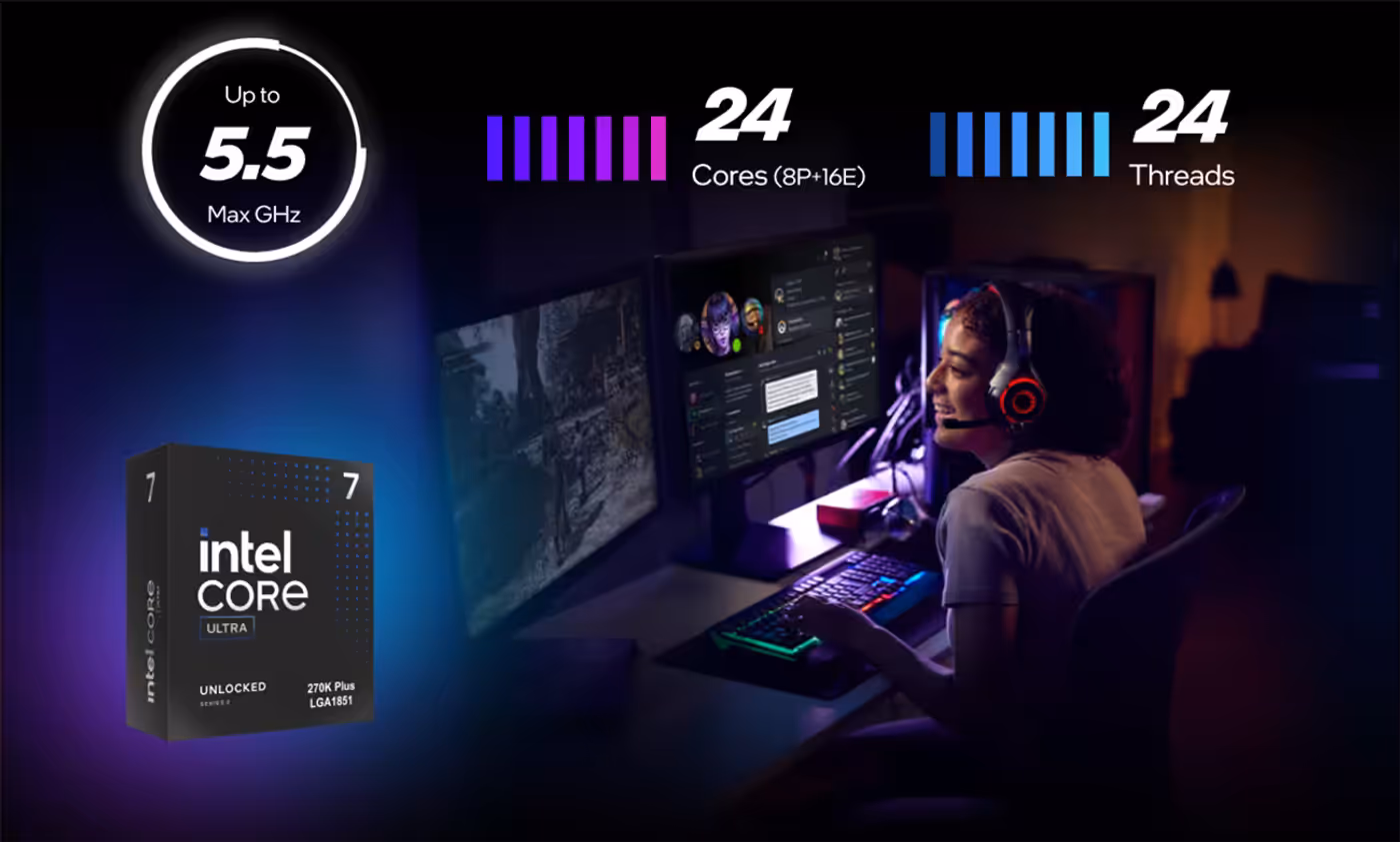 Intel® Core™ Ultra 7 270K Plus processor packaging and branding