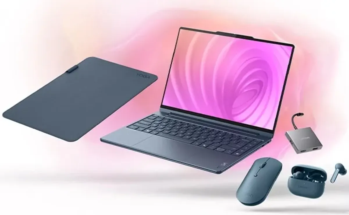 Yoga 9i 2-in-1 laptop surrounded by matching sleeve, wireless mouse, earbuds, and connectivity hub