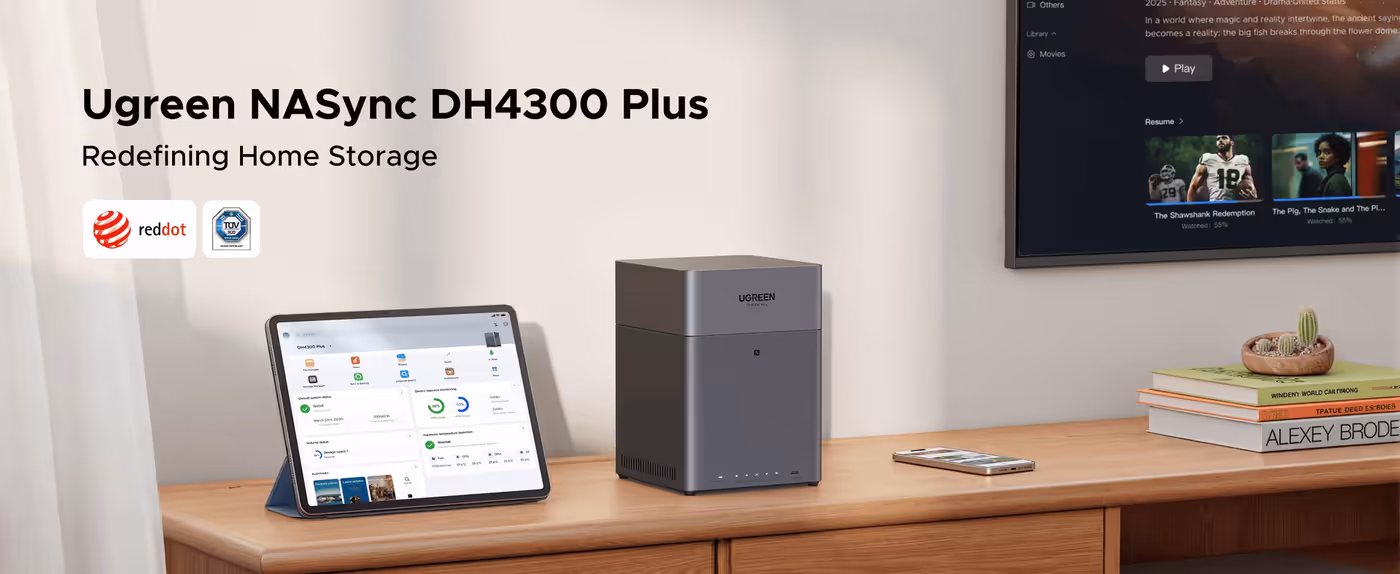 UGREEN NASync DH4300 Plus four-bay NAS enclosure standing on a desk