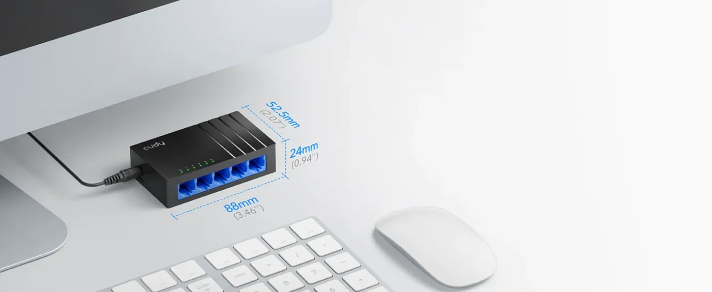 Compact network switch with wave-line design and blue ports aesthetic