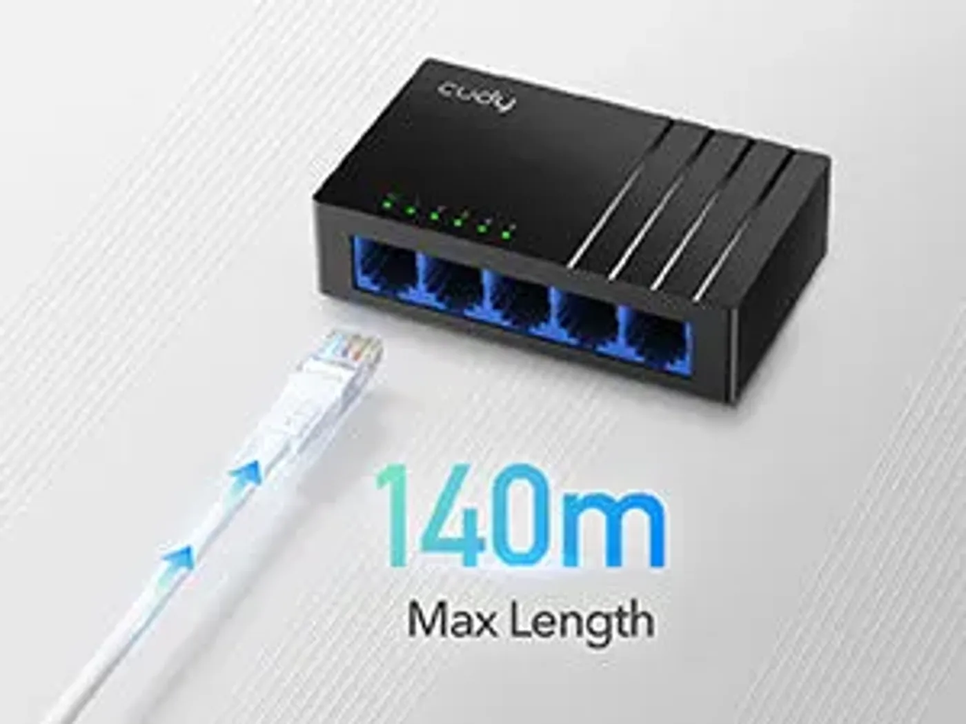 Diagram illustrating 140 meters Gigabit transmission range and longer reach