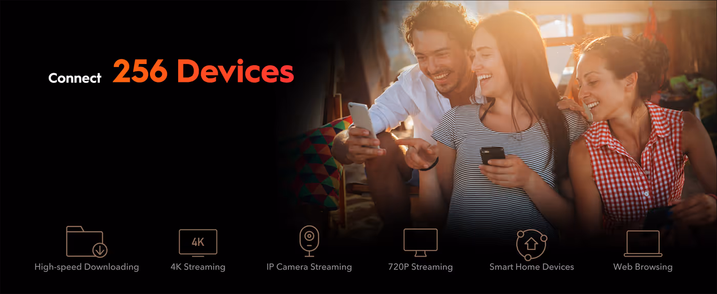 Network system illustration showing support for multiple family members and smart home devices