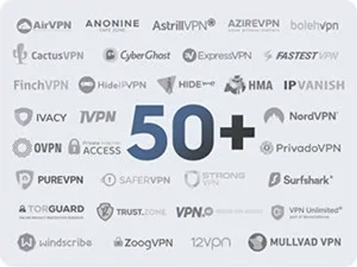 Graphic showing support for 50+ providers with WireGuard and OpenVPN