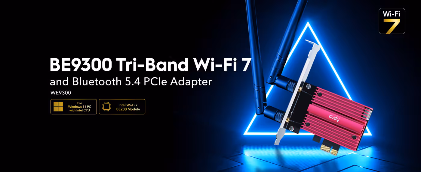 Cudy BE9300 WiFi 7 PCIe adapter card with its two detachable antennas fitted