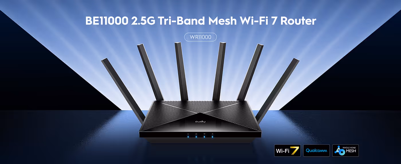 The CUDY WR11000 tri-band Wi-Fi 7 router with its six fixed antennas