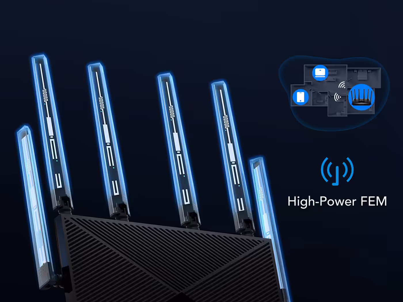 Four high-power FEM antennas providing focused Wi-Fi coverage