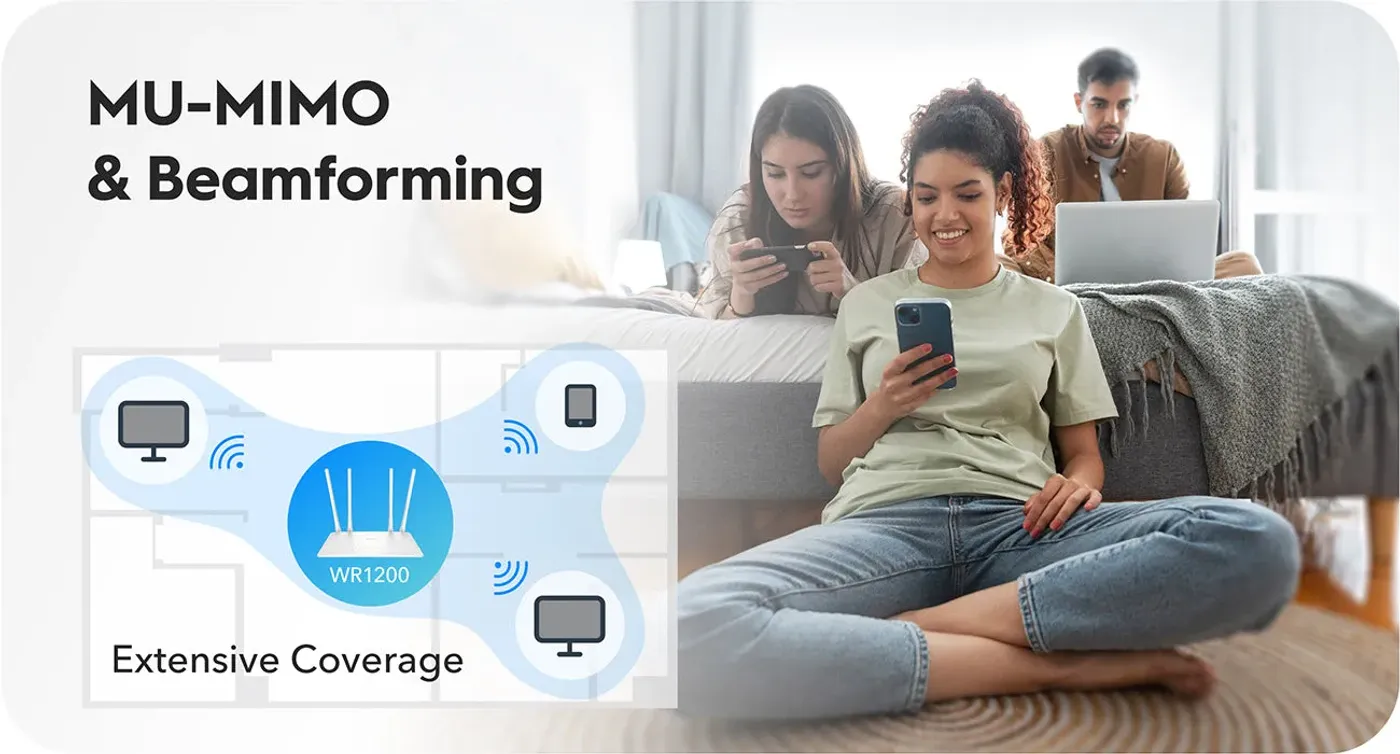 Wireless router illustrating MU-MIMO and Beamforming for wide coverage
