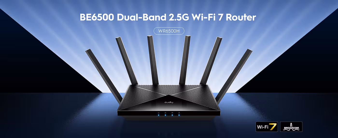 The CUDY WR6500H Wi-Fi 7 router with its six fixed antennas raised