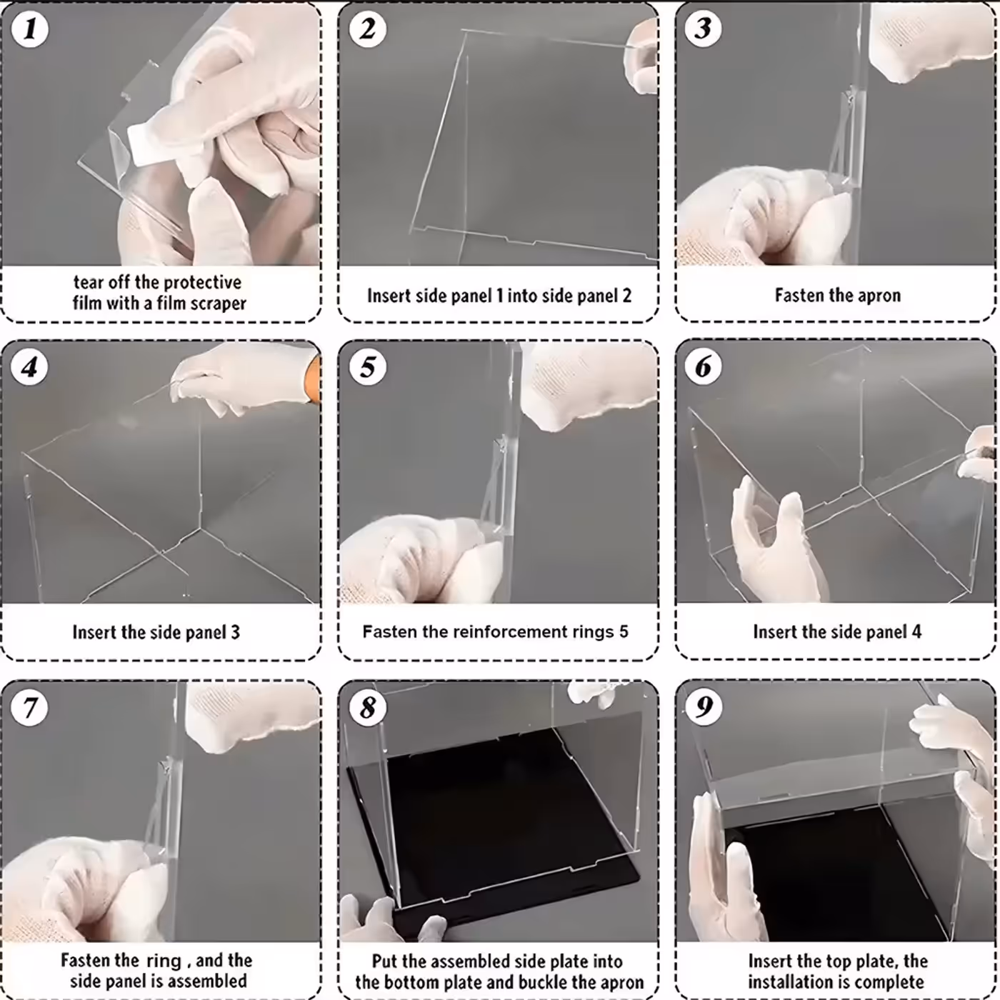 Protective film being peeled from an acrylic panel to reveal the clear surface underneath