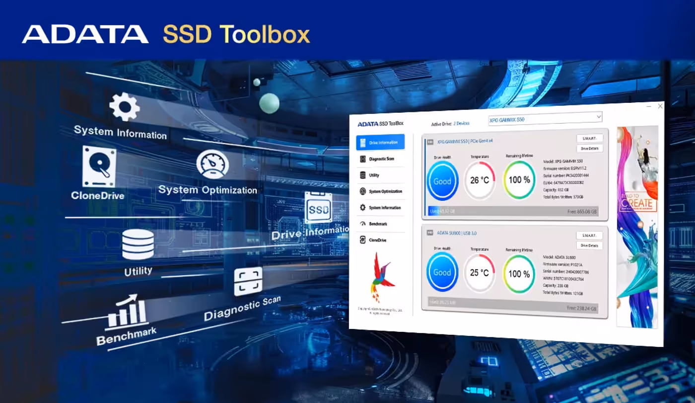 ADATA SSD Toolbox software showing drive health and S.M.A.R.T. reporting