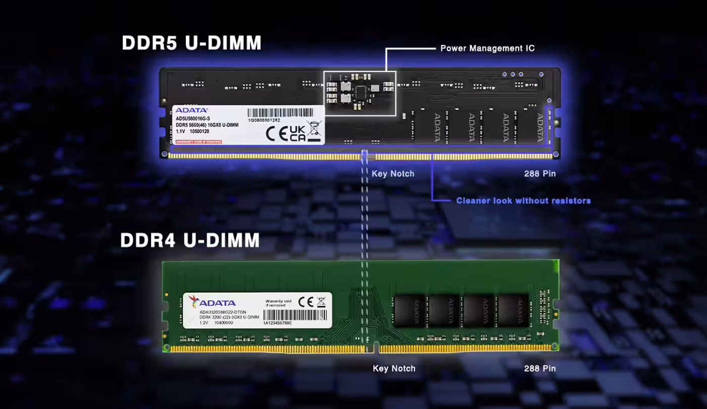 Visual comparison of a DDR5 module and a DDR4 module
