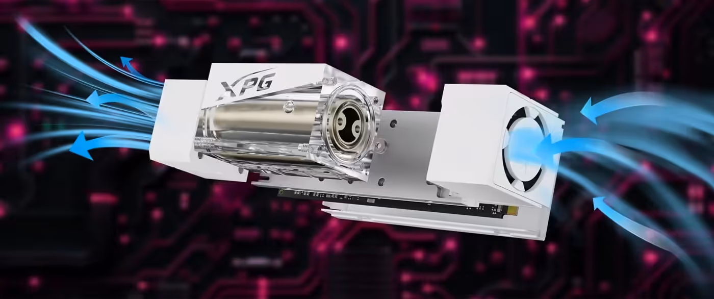 Dual cooling system on the Adata Mars 980 Storm with liquid cooling and twin fans