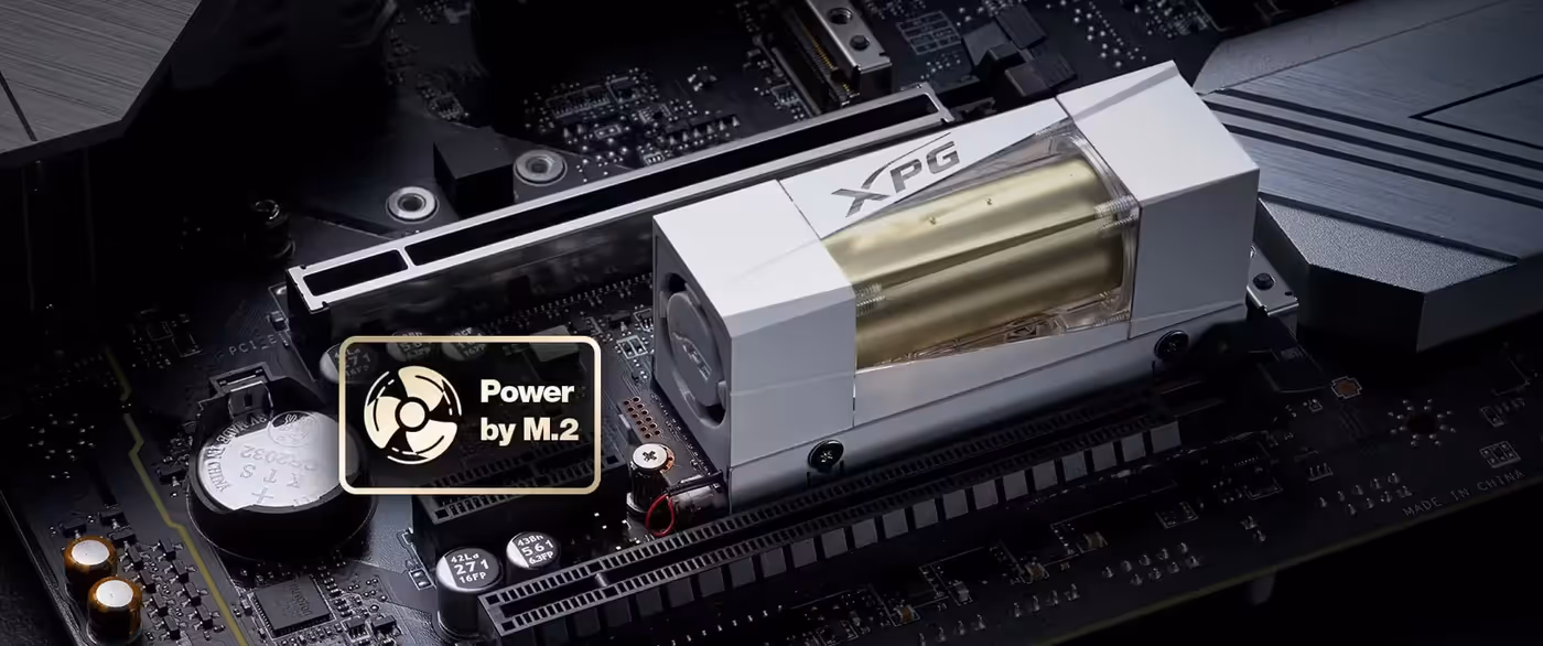 Adata Mars 980 Storm NVMe SSD being installed with its built-in cooling fan