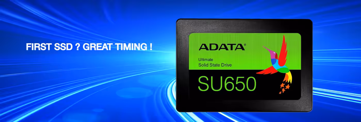 ADATA SU650 SSD viewed from above showing its 2.5-inch chassis