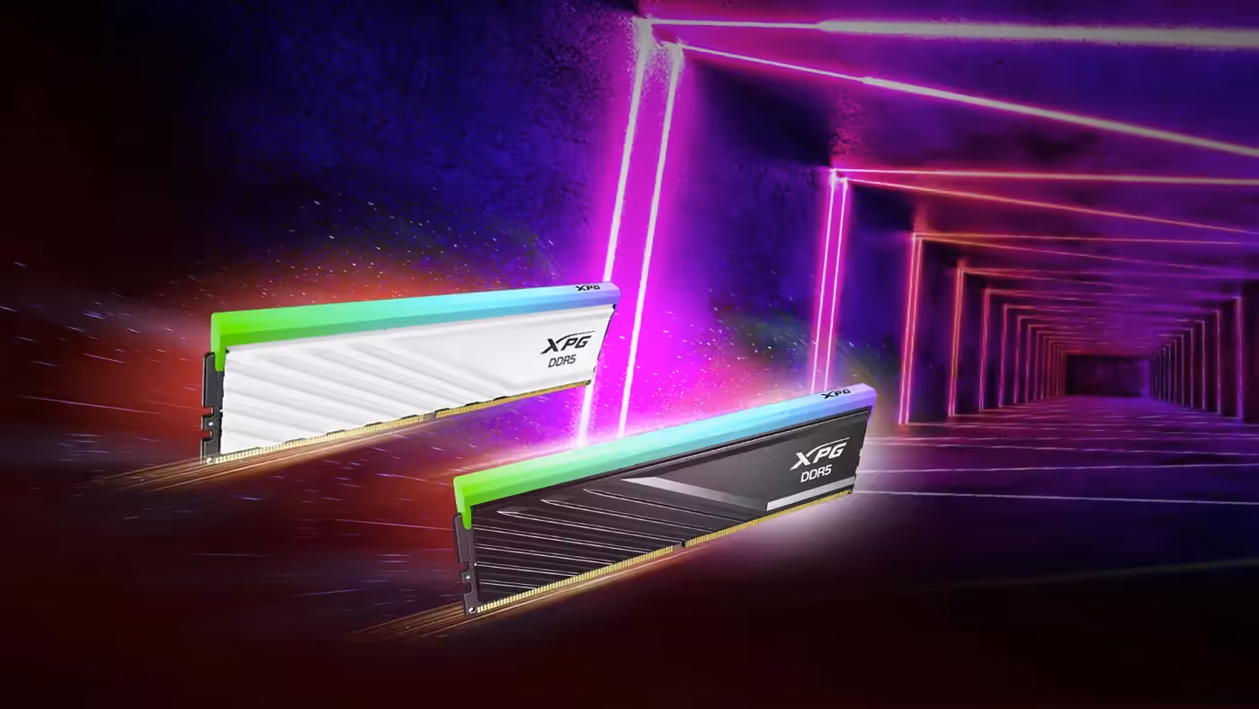 ADATA XPG Lancer Blade RGB DDR5 gaming memory module with vibrant lighting